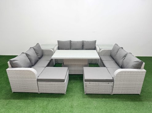 Fimous PE Rattan Lounge Sofa Set 11 Seater Outdoor Garden Furniture Set with Adjustable Lifting Dining or Coffee Table 3 Seater Sofa 2 Big Footstools 2 Side Table Light Grey