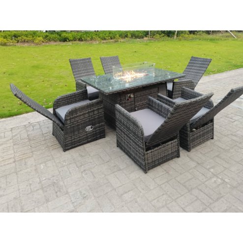 Fimous Rattan Garden Furniture Gas Fire Pit Rectangle Oblong Dining Table And Chairs 6 Seater Plus Rectangular Table