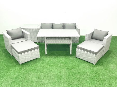 Fimous Garden Dining Set Outdoor Rattan Furniture Set with Sofa Dining Table 2 Chairs 2 Big Footstools Side Table Light Grey Mixed