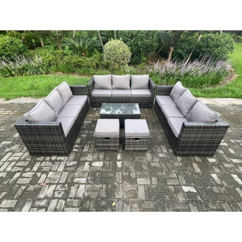 Fimous Outdoor Lounge Sofa Set Wicker PE Rattan Garden Furniture Set with Oblong Coffee Table 2 Small Footstools Dark Grey Mixed