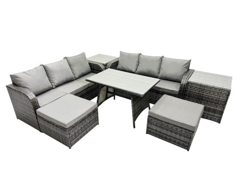 Fimous Garden Rattan Outdoor Furniture Set 8 Seater with 3 Seater Sofa 2 Side Table 2 Big Stools Dark Grey