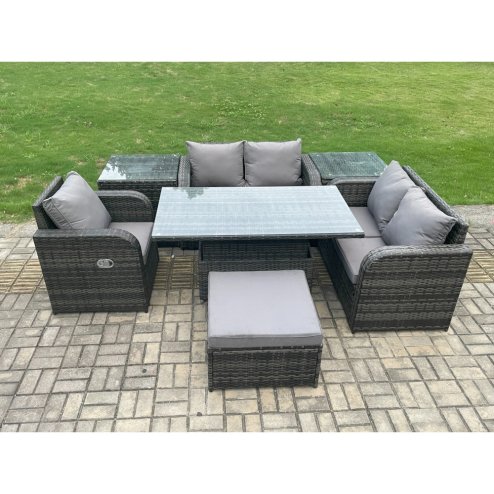 Fimous 6 Seater Rattan Furniture Garden Dining Set Outdoor Height Adjustable Rising lifting Table Love Sofa Chair With 2 Side Tables Big Footstool