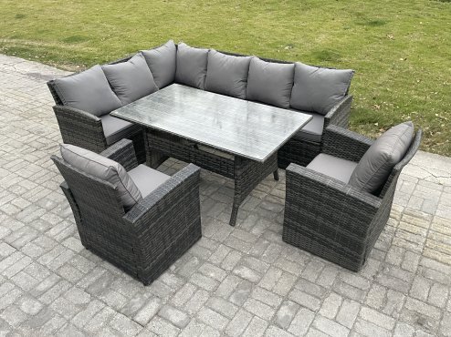 Fimous 8 Seater Outdoor Rattan Garden Furniture Set with Rectangular Dining Table 2 Armchairs Patio Wicker Corner Sofa Set Dark Grey Mixed