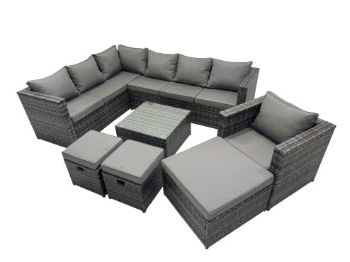 Fimous Rattan Garden Furniture Patio Furniture Sets with Corner Sofa Chair Square Coffee Table 3 Footstools Dark Grey Mixed