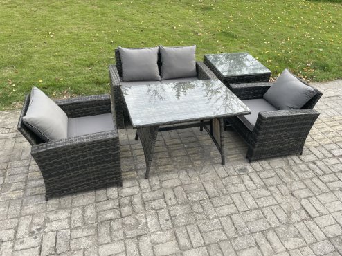 Fimous Outdoor Garden Furniture High Back Rattan Sofa Dining Table Set with Side Table Dark Grey Mixed