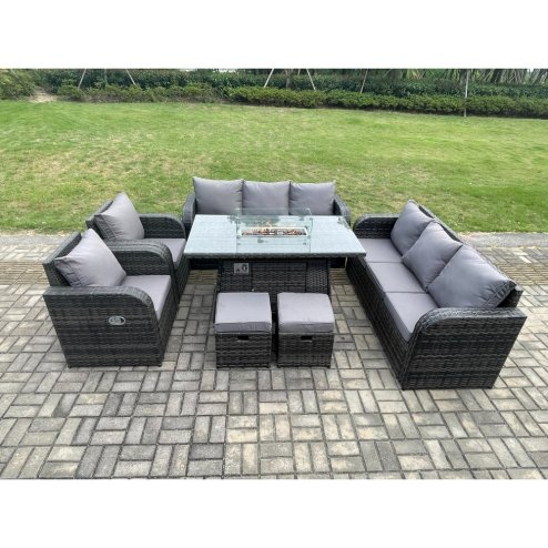 Fimous Garden Patio Furniture Wicker Rattan Gas Fire Pit Table and Sofa Chair set with 2 Small Footstools