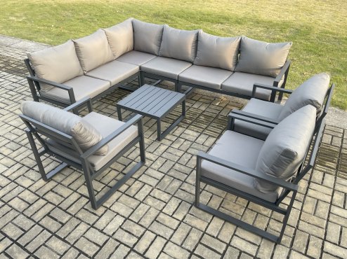Fimous Aluminium Garden Furniture Set Outdoor Lounge Corner Sofa 3 Pcs Chair Square Coffee Table Sets Dark Grey 9 Seater