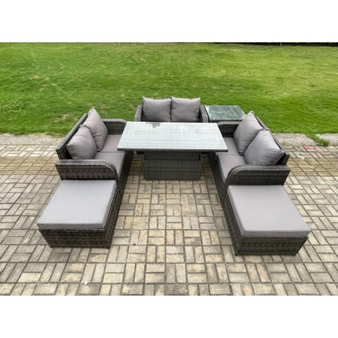 Fimous Rattan Garden Outdoor Furniture 3 PC Love Sofa Set Patio Adjustable Rising lifting Dining Table With Side Table 2 Big Footstool
