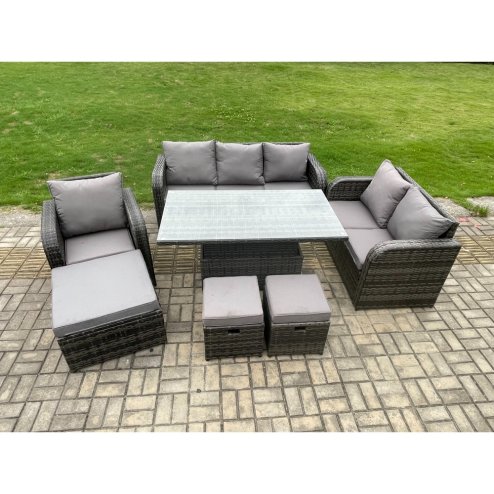 Fimous Rattan Outdoor Furniture Garden Dining Set Patio Height Adjustable Rising lifting Table Reclining Chair Sofa With 3 Footstools Dark Grey Mixed