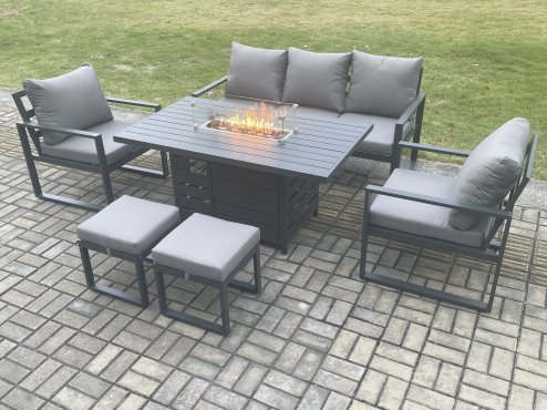 Fimous Aluminium Outdoor Garden Furniture Set Gas Fire Pit Dining Table Set Gas Heater Burner with 2 Arm Chair 2 Small Footstools Dark Grey 7 Seater