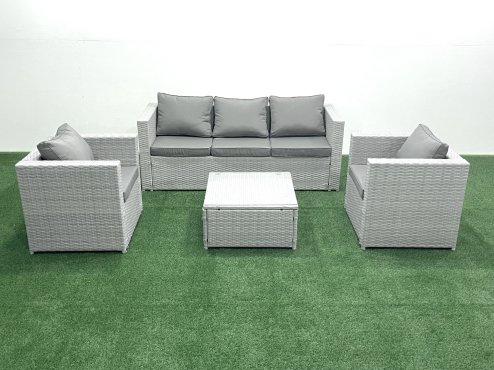 Fimous 5 Seater Rattan Garden Furniture Set with 3 Seater Sofa 2 Chair Square Coffee Table Light Grey Mixed