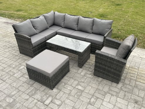 Fimous Rattan Garden Furniture Sets High Back Corner Sofa Oblong Coffee Table Set with Big Footstool Armchair Dark Grey Mixed