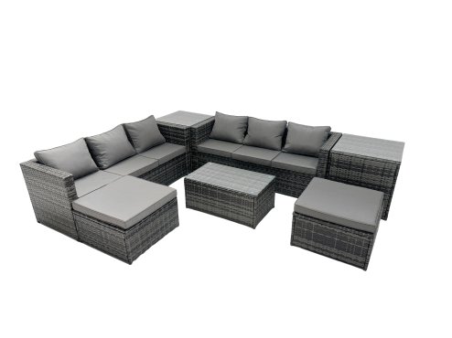 Fimous Rattan Garden Furniture Dining Set 8-seater Patio Coffee Table Sofa Set with 2 Side Tables 2 Big Footstools Dark Grey Mixed