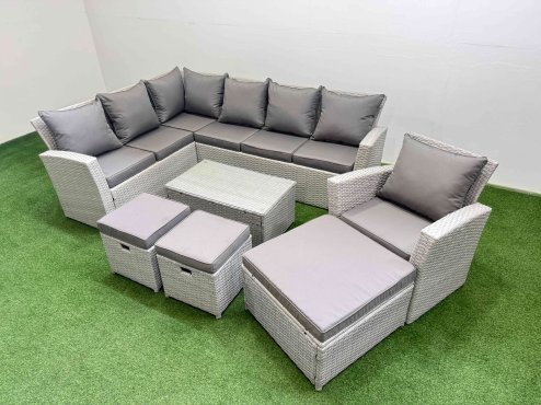 Fimous 10 Seater Garden Outdoor PE Rattan Furniture Set Rattan Garden Sofa Set with 3 Footstools Light Grey Mixed
