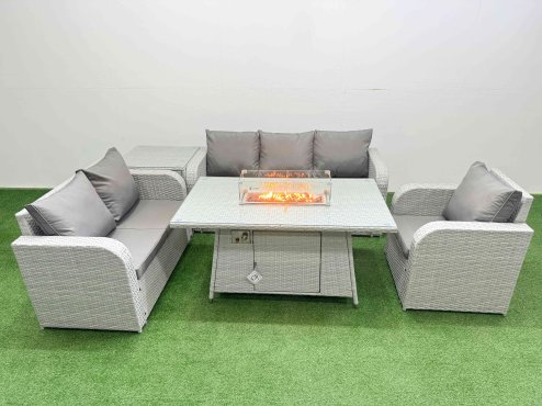 Fimous Patio PE Wicker 6 Seater Outdoor Rattan Furniture Sofa Sets with Firepit Dining Table Reclining Chair Loveseat Sofa 3 Seater Sofa Side Table Light Grey