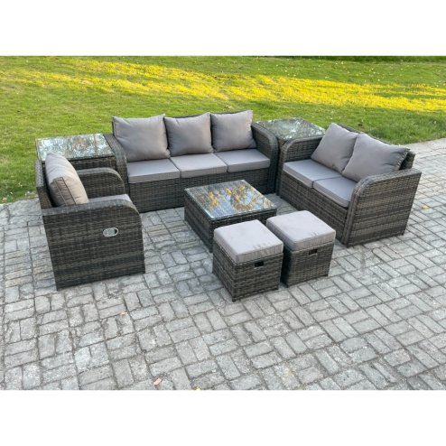Fimous Indoor Outdoor Rattan Garden Furniture 8 Seater Set Table Sofa Chair Patio Conservatory with Grey Cushions 2 Side Tables 2 Small Footstools