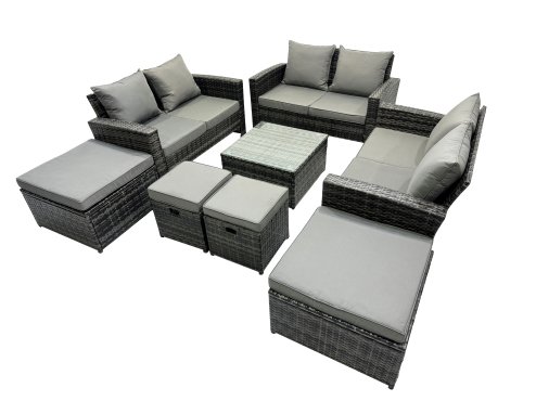 Fimous PE Rattan Garden Furniture Set Lounge Double Seat Sofa Coffee Table Set with 4 Stools Dark Grey Mixed