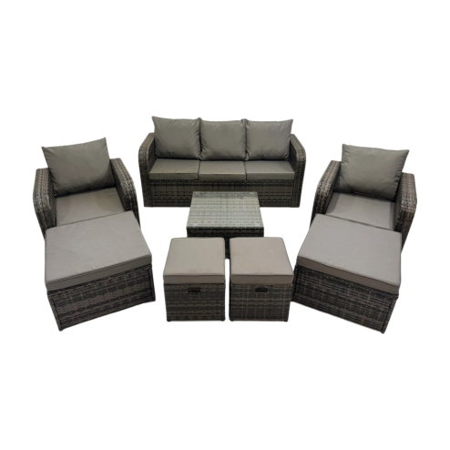Fimous 3 Seater Sofa Reclining Chair Coffee Table Set Rattan Garden Outdoor Furniture Set with 4 Stools Dark Grey Mixed