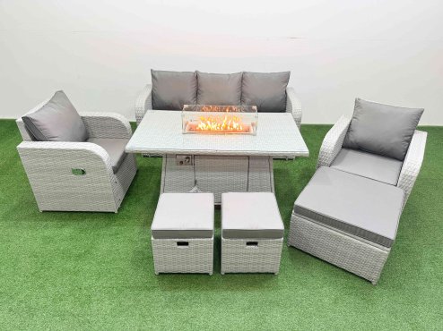 Fimous PE Rattan Garden Furniture Set Reclining Chair Sofa Lounge Sofa Set Firepit Dining Table 3 Stools Light Grey
