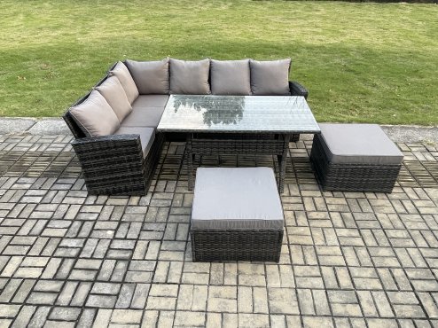Fimous 8 Seater High Back Rattan Garden Furniture Set Corner Sofa With Rectangular Dining Table 2 Big Footstool Dark Grey Mixed