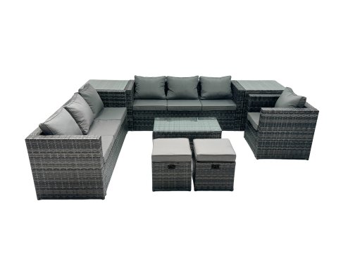 Fimous Rattan Garden Furniture Dining Set 9-seater Patio Coffee Table Sofa Set with 2 Small Stools 2 Side Tables Dark Grey Mixed