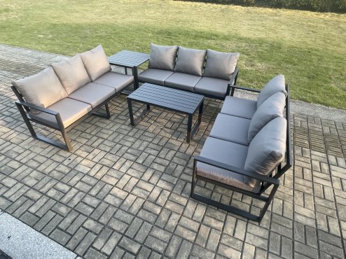 Fimous Aluminium 9 Seater Outdoor Garden Furniture Set Lounge Sofa Oblong Coffee Table Side Table Sets with Cushions Dark Grey
