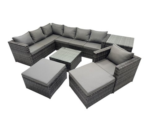 Fimous Rattan Garden Furniture Patio Furniture Sets with Corner Sofa Chair Square Coffee Table 2 Big Footstools Side Table Dark Grey Mixed