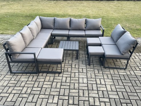 Fimous 12 Seater Patio Outdoor Garden Furniture Aluminium Lounge Corner Sofa Set with Square Coffee Table with 3 Footstools Dark Grey