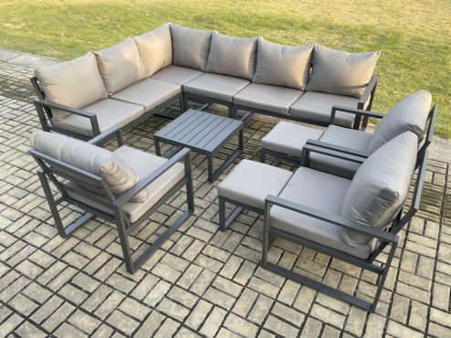 Fimous 11 Seater Aluminium Garden Furniture Set Outdoor Lounge Corner Sofa 3 Pcs Chair Square Coffee Table Sets with 2 Small Footstools Dark Grey