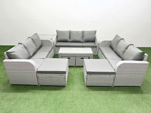 Fimous Outdoor Garden Furniture Set PE Rattan 3 Seater Sofa Set with Oblong Coffee Table 4 Footstools Side Table Light Grey