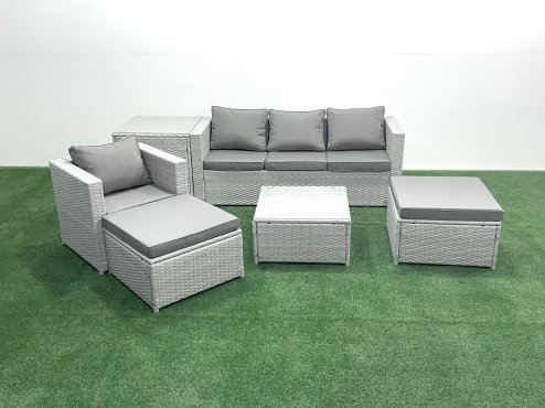 Fimous Garden Outdoor Furniture Set 6 Seater Rattan Sofa Set with 2 Big Footstools Armchair Side Table Light Grey Mixed