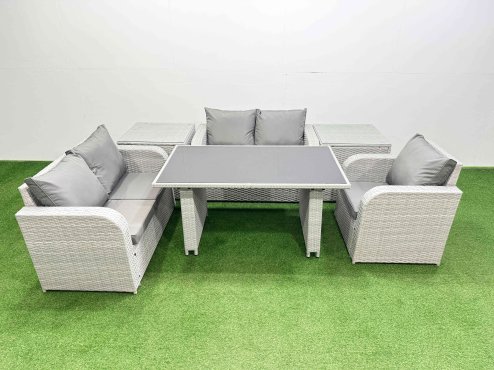 Fimous Rattan Sofa Outdoor Furniture with Dining Table,2 Side Tables,Love Sofa Patio Furniture Light Grey 5 Seater