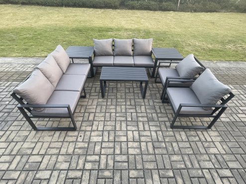 Fimous Aluminium 7 Pieces Garden Furniture Set with Cushions 8 Seater Outdoor Patio Lounge Sofa Set with 2 Armchairs 2 Side Tables Dark Grey