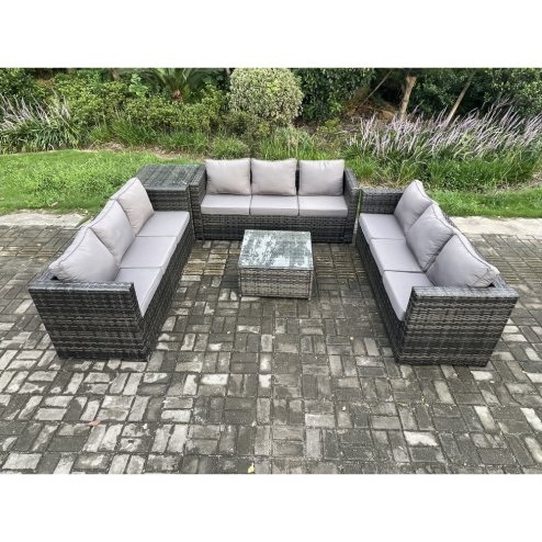 Fimous Rattan Garden Furniture Set 9 Seater Patio Outdoor Lounge Sofa Set with Side Table Square Coffee Table Dark Grey Mixed