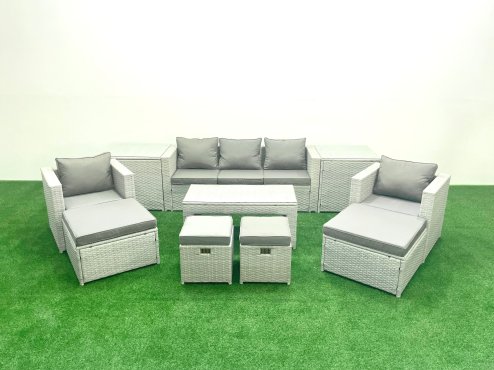 Fimous Rattan Garden Furniture Set Outdoor Lounger Sofa with Coffee Table 4 Footstools 2 Side Tables Light Grey Mixed 9 Seater