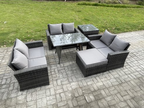 Fimous 7 Seater Rattan Wicker Garden Furniture Patio Conservatory Sofa Set with Rectangular Dining Table Love Seat Sofa Big Footstool Side Table