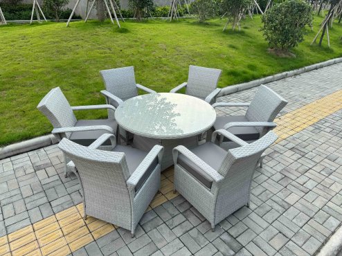 Fimous Rattan Garden Furniture Set with 1 Big Round Coffee Table & 6 Seater Chairs Light Grey Mixed
