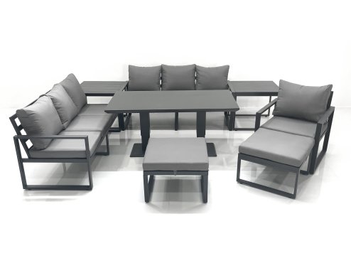 Fimous Outdoor Garden Furniture Set Aluminium Lounge Sofa Adjustable Rising Lifting Dining Table Sets with 2 Big Footstools 2 Side Tables Dark Grey