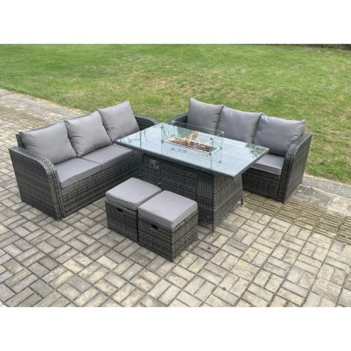 Fimous Rattan Garden Furniture Set with Fire Pit Table 8 Seater Outdoor Lounge Sofa Set Dark Grey Mixed