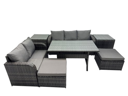 Fimous 7 Seat Outdoor Wicker PE Rattan Garden Furniture Set Dining Table Sofa Sets with 2 Big Stools 2 Side Tables Dark Grey Mixed