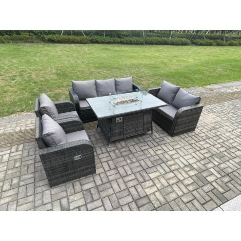 Fimous Garden Patio Furniture Wicker Rattan Gas Fire Pit Table and Sofa Chair set Dark Grey Mixed