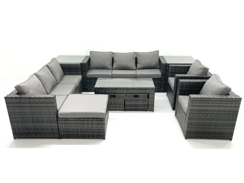 Fimous Rattan Garden Furniture Sofa Set with Coffee table Armchair 2 Side Tables 3 Footstools Dark Grey Mixed