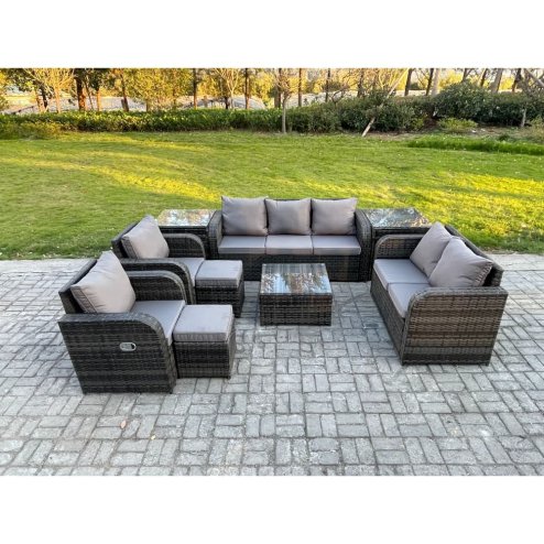 Fimous 9 Seater Garden Furniture Set Rattan Outdoor Lounge Sofa Chair With Tempered Glass Table 2 Small Footstools 2 Side Tables Dark Grey Mixed