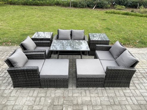 Fimous Garden Furniture Sets 9 Pieces Wicker Rattan Furniture Manual Wicker Patio Sofa Patio Conversation Set with 2 Big Footstool 2 Side Tables Dark Grey Mixed