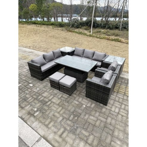 Fimous 9 Seater?Outdoor Rattan Garden Furniture Set Adjustable Rising Lifting Dining Table With Side Table Chairs Stools Dark Grey Mixed