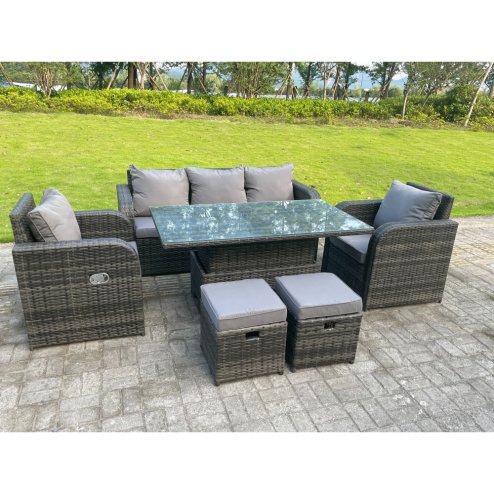 Fimous Dark Mixed Grey Rattan Outdoor Garden Furniture Lifting Adjustable Dining Or Coffee Table Sets Lounge Sofa Recling Chairs Footstools 7 Seater
