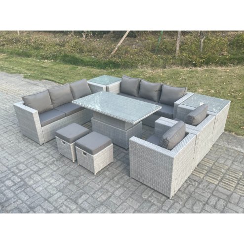 Fimous Rattan Garden Funiture Set Adjustable Rising Lifting Table Sofa Dining Set Lounge Chair 2 Side Table Stool