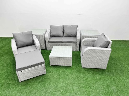 Fimous Light Grey PE Wicker Rattan Garden Furniture Set Sofa Set Reclining Adjustable Chair Square Coffee Table 5 Seater With Footstool 2 Side Table