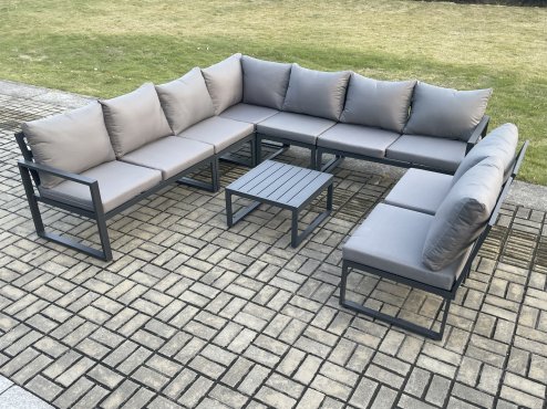 Fimous 9 Seater Patio Outdoor Garden Furniture Aluminium Lounge Corner Sofa Set with Square Coffee Table Dark Grey