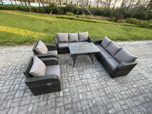 Fimous 8 Seater Rattan Outdoor Garden Furniture Sofa Set Patio Table & Chairs Set with 3 Seater Sofa Rectangular Dining Table Dark Grey Mixed